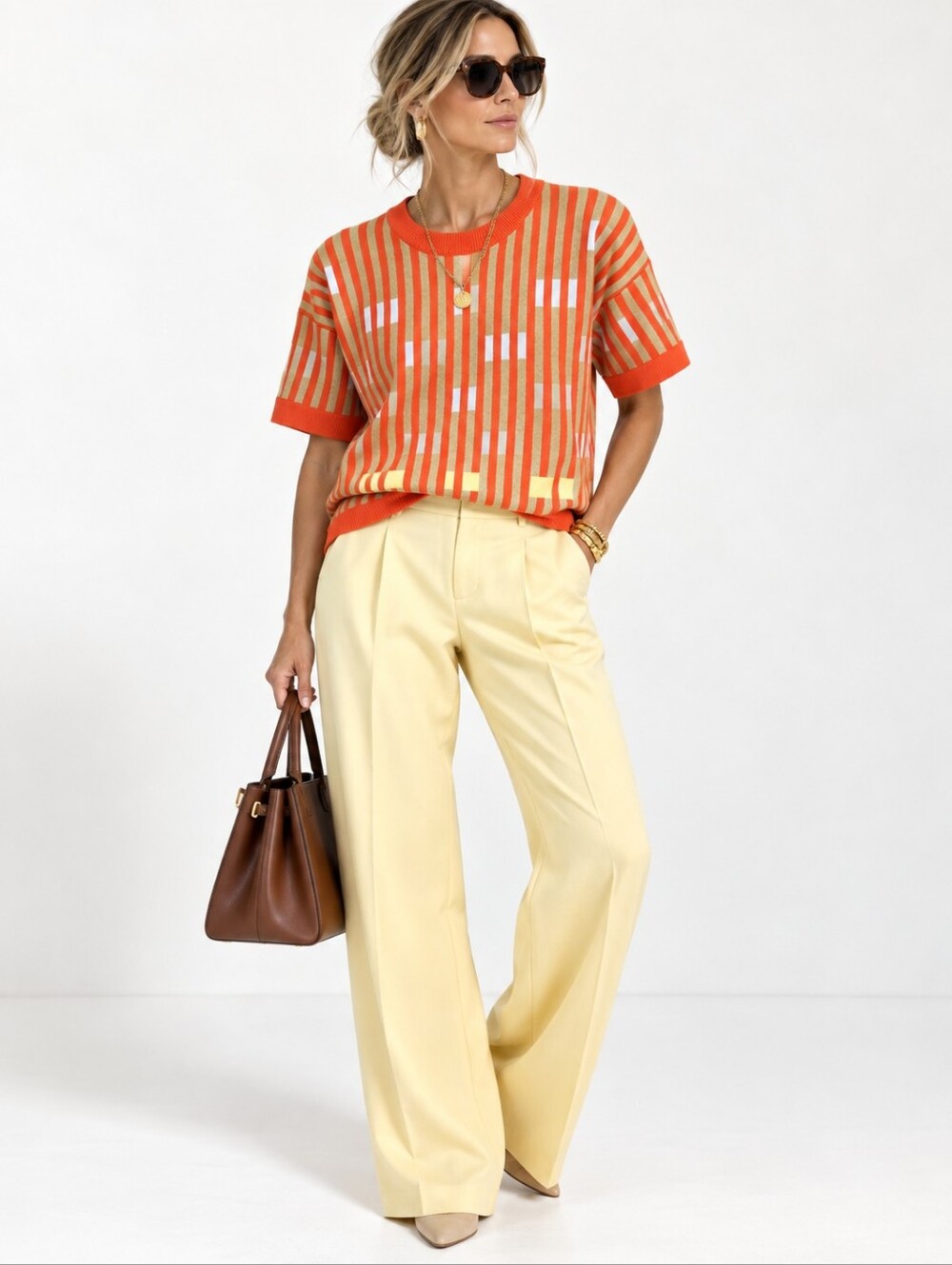 Bauhaus Orange And Tan Stripe Knit Shirt Sleeve Top